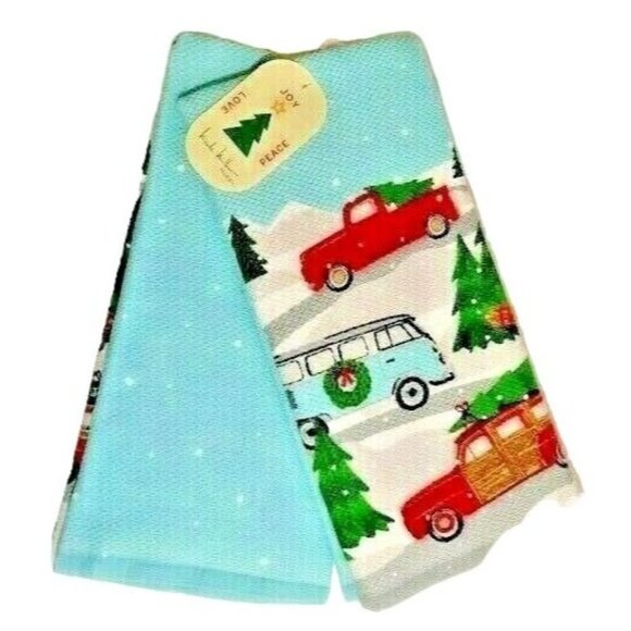 Nicole Miller 2 Kitchen Towels Beach Van Woody Wagon Red Truck Winter Holiday - Picture 1 of 3